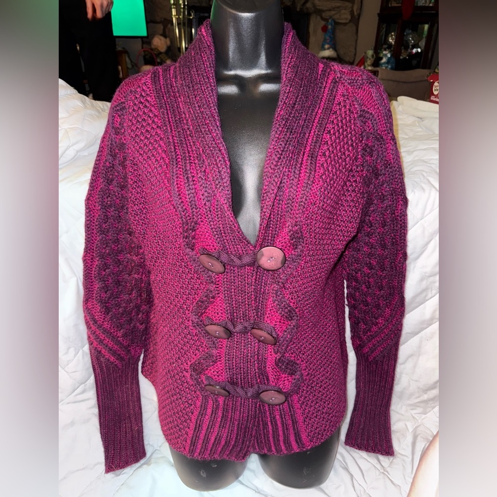 Aran Crafts Shawl Neck Two-Tone Merino Cardigan‎